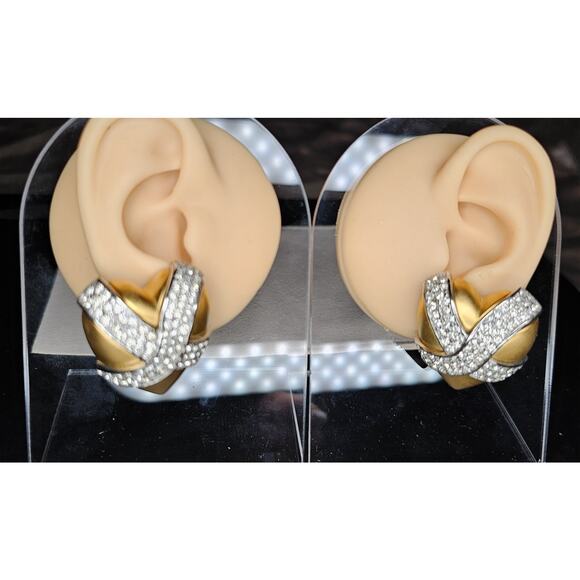 1980s Signed Givenchy Goldtone Pavé Clear Rhinestone X Heart Clip-on Earrings - Picture 2 of 8